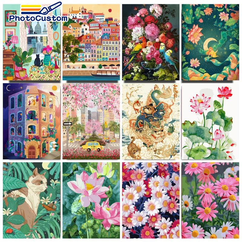 

PhotoCustom Painting By Number Scenery Flower Hourse On Canvas Handmade For Adults Coloring By Number Picture Wall Room Art