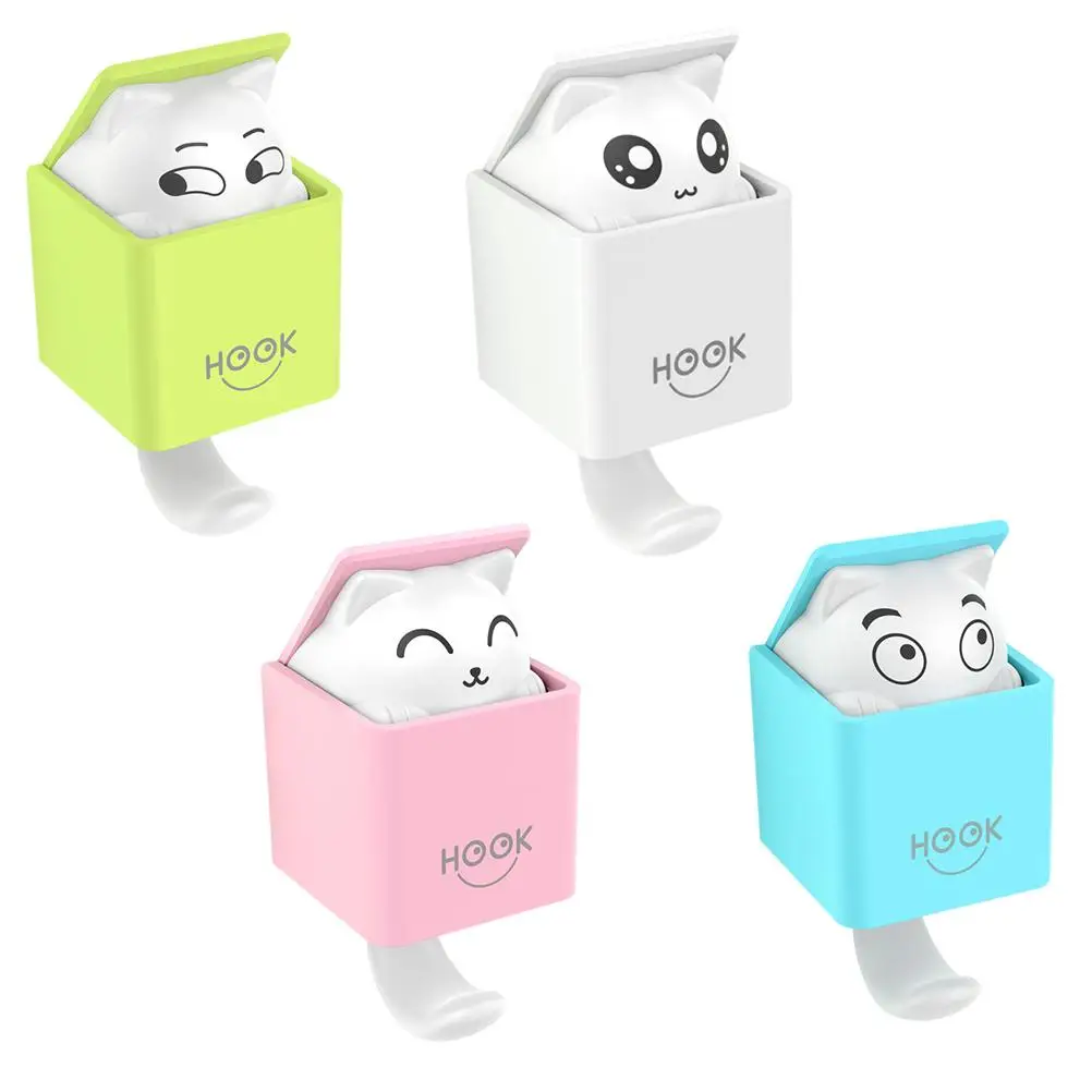 

4 Pcs Non punch Adhesive Hooks Cute Cat Design Wall Mount Hangers for Kitchen Bathroom Bedroom Cartoon Animal Decor Storage