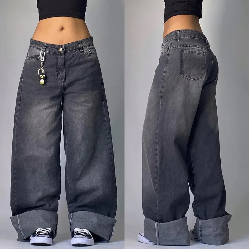 American Harajuku Retro Washed Black Baggy Jeans Men And Women Y2K Street Fashion Leisure Gothic High Waisted Wide Leg Trousers