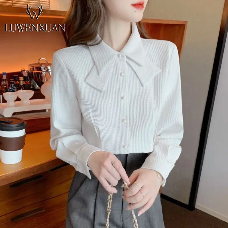 Waffle Shirt New Women's Clothing Belly Covering Light Mature French Niche High-end Bow Long Sleeved Top