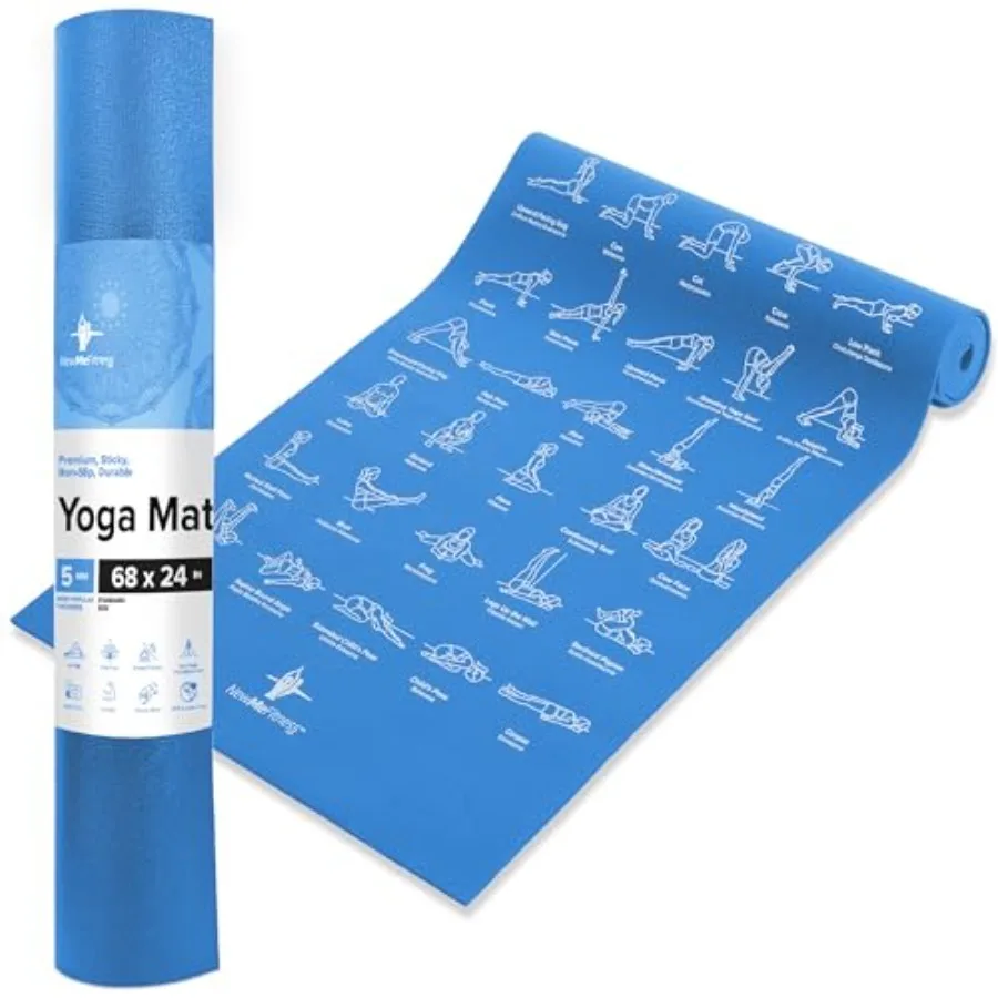 

Yoga Mat for Women and Men - Large 5mm Thick 68 Inch Long Non Slip Exercise Mats w/ 70 Printed Yoga Poses for Pilates Workout a