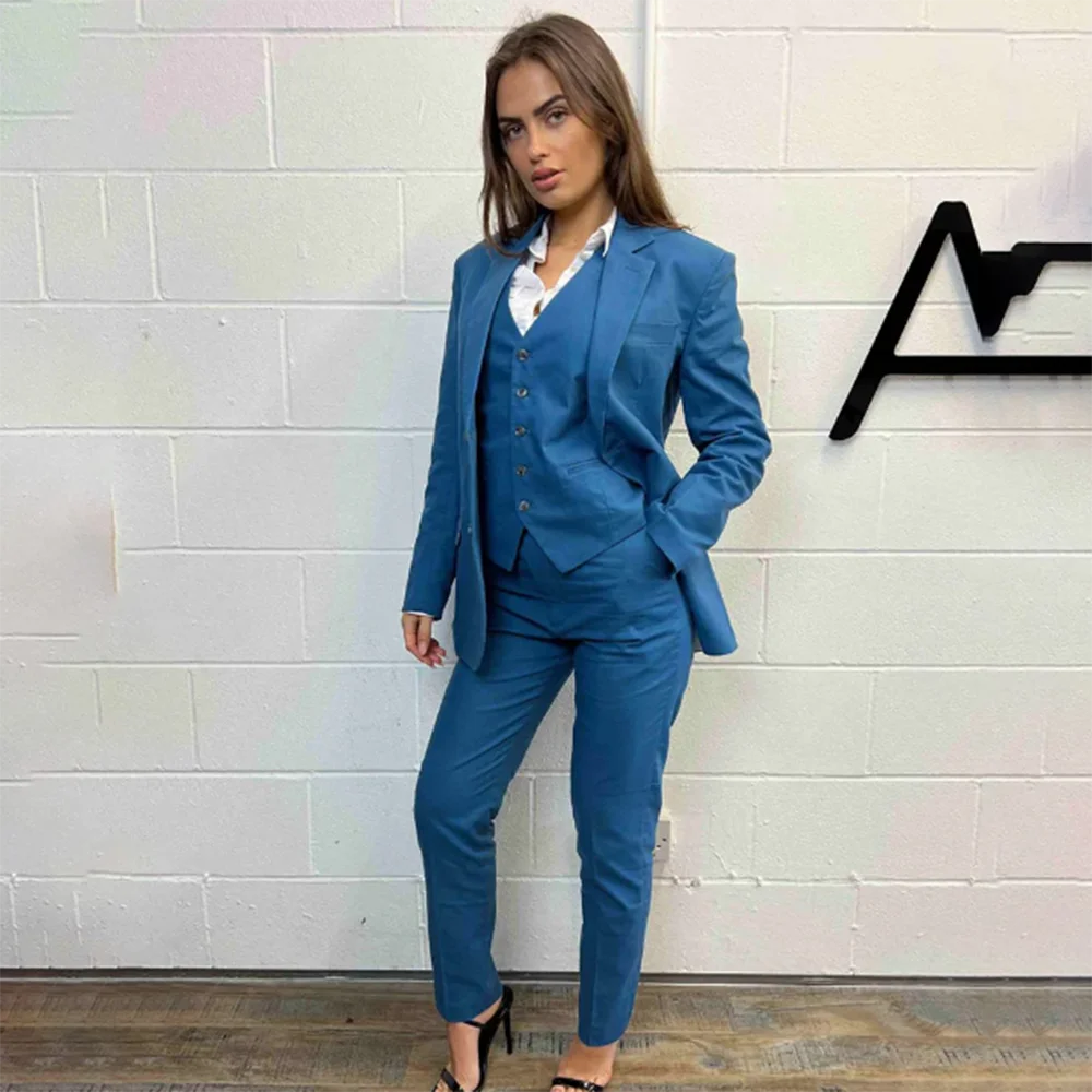 Luxury Fashion Blue Blue Women Suit Single Breasted Notch Lapel 3 Piece Jacket Pants Vest Blazer Set Office Female Clothing