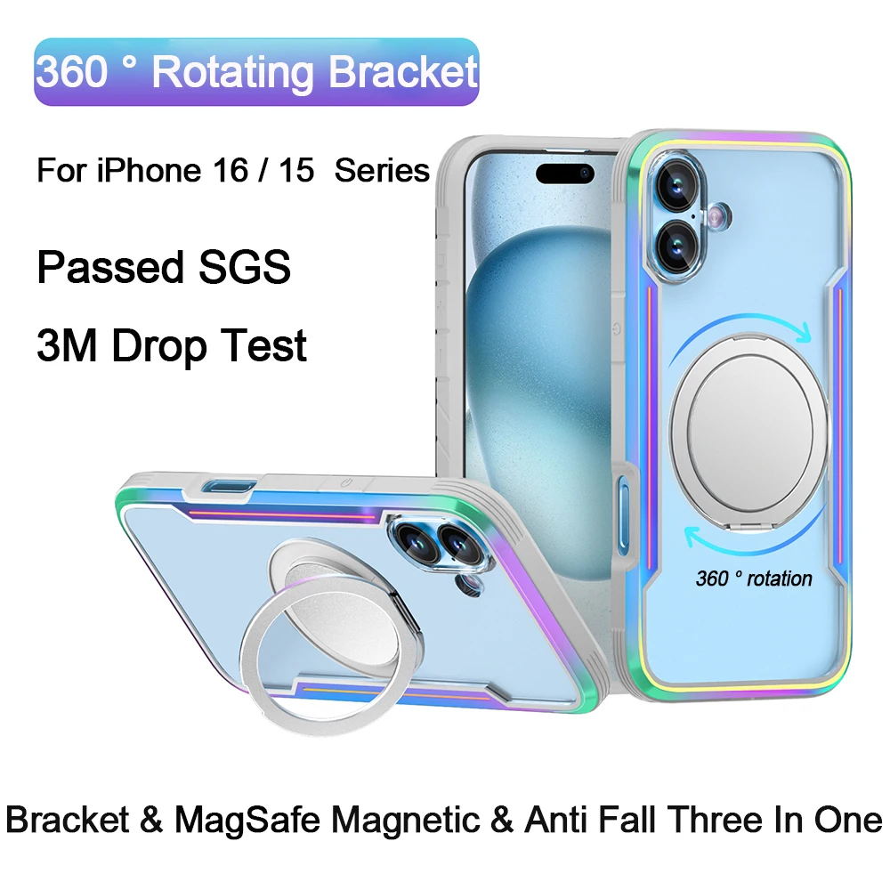 

Phone Case For iPhone 16 Pro Max 16 Plus Magnetic 360° Rotatable Bracket Transparent Magsafe Wireless Charging Shockproof Cover