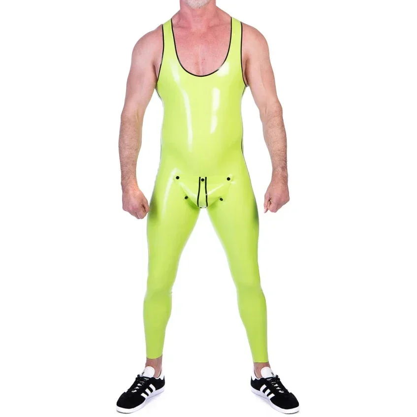 Catsuit de látex sin mangas con entrepierna Codpiece, traje de cuerpo de goma a rayas con cremallera, Body Zentai