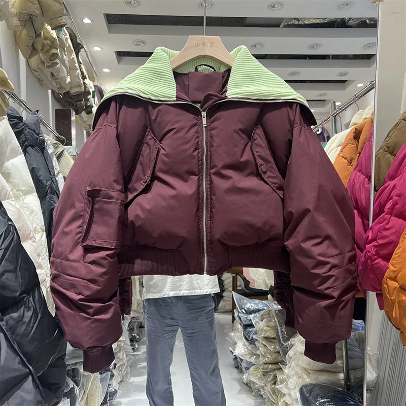 Short Down Jacket Women New Fashion Big Lapel Zipper Pink Down Coat Thickened Warm Puffer Parka Casual Winter Jacket Female