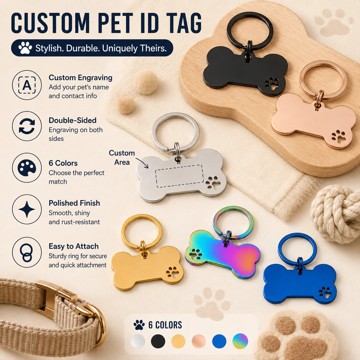 Personalisierte Hunde-Namensschilder, doppelseitig, mit individuellem Text, Knochenform, Edelstahl, Lasergravur, personalisierte Haustier-ID-Tags – Detail 3