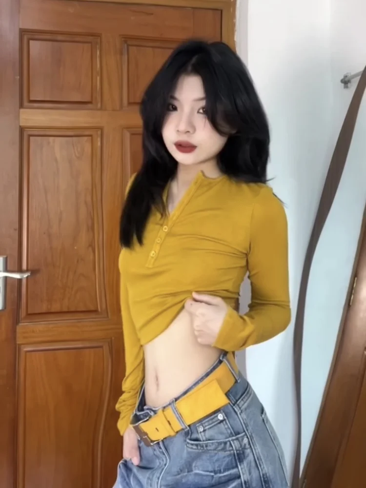 เสื้อยืดทรงเข้ารูป แขนยาว ผู้หญิง เซ็กซี่ สไตล์อเมริกัน สาวฮอต คอเปิด ดีไซน์เอวต่ำ สำหรับฤดูใบไม้ร่วง