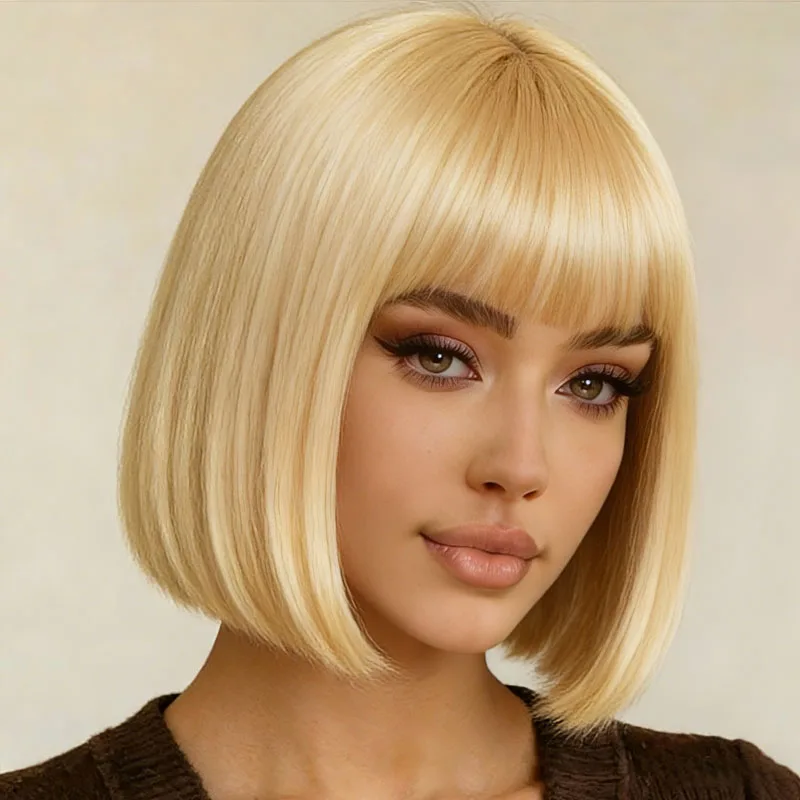 باروكة صناعية مستقيمة بنمط ذهبي أنيق مقاس 12 بوصة، مناسبة للعب الأدوار في الحفلات اليومية #4