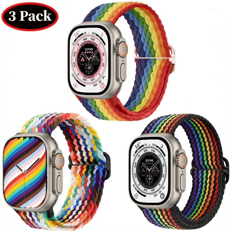 

3 Pack Braided Nylon Belt For Apple Watch Band Ultra 49mm 10 9 8 7 6 5 4 SE Adjustable Band iWatch 46mm 45mm 44mm 42mm 41mm 40mm