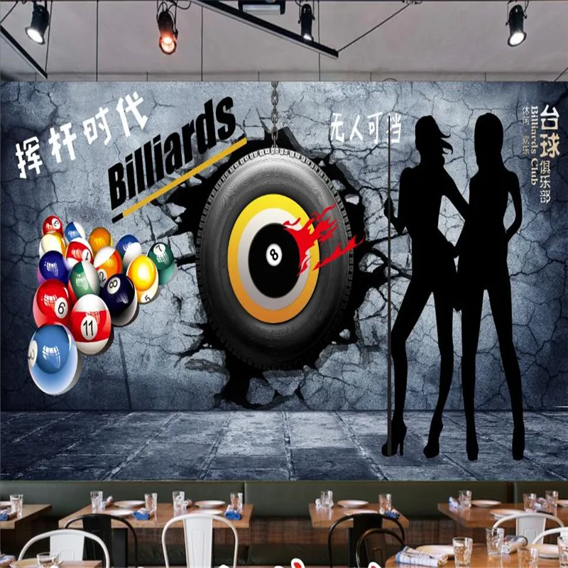 

Custom Size and Text Billiards Image Wall Paper Billiards Room Retro Industrial Decor Cement Wall Background Mural Wallpaper 3D