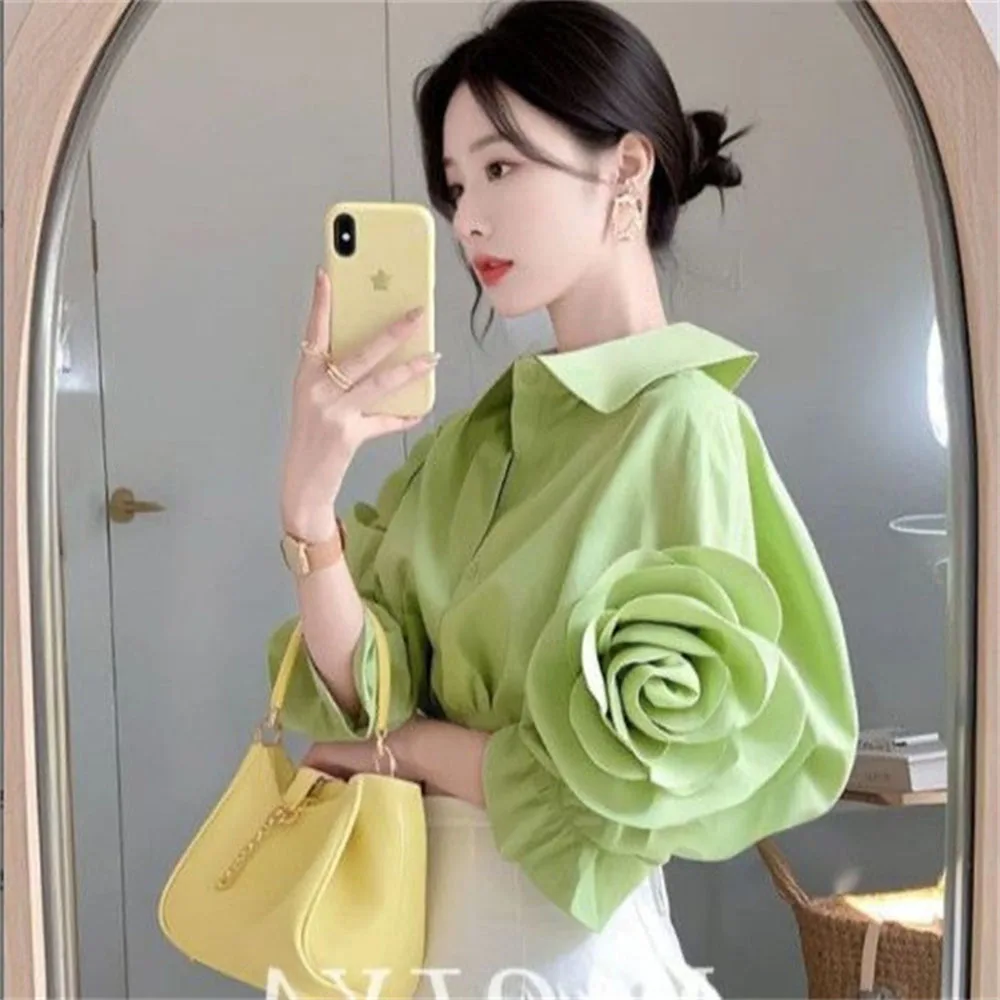 

Fashion green Big Flower Short Sleeve Women Shirt Design Single Breasted Summer Blouse Stylish Loose Top Ladies Blouse