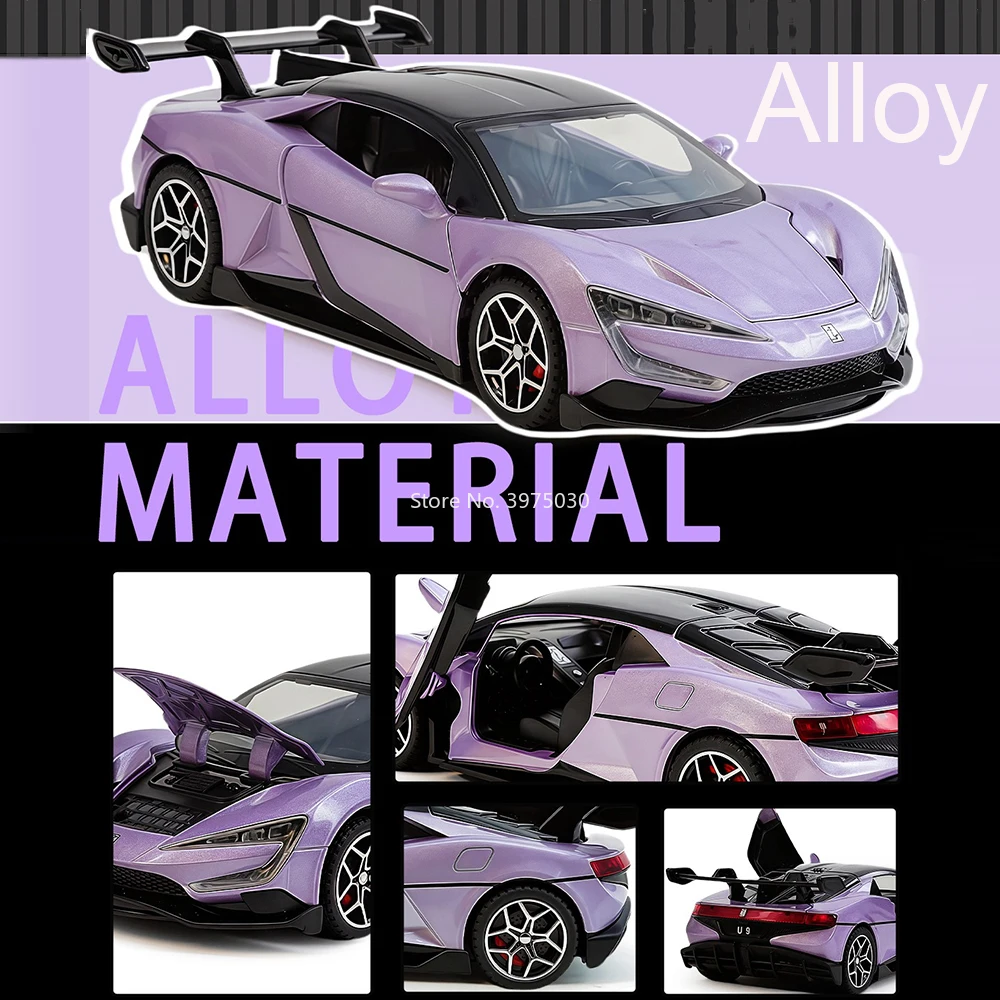 1:32 합금 다이캐스트 BYD YANGWANG U9 장난감 자동차 라이트 음악이 포함된 미니어처 모델 Supercar 4 도어 오픈 차량 소년 완벽한 선물