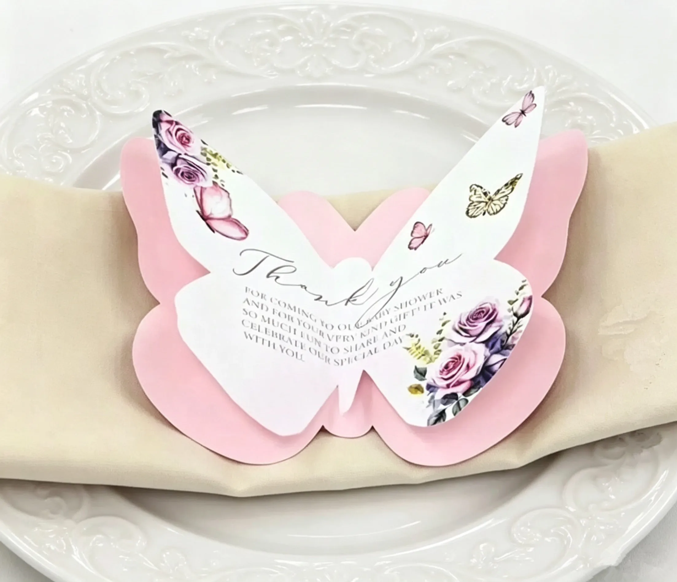 100pcs Elegant Paper Thank you Card Wedding Table Decoration Custom Laser Cut Butterfly Menu Invitation Card Marriage Greetings