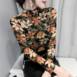 MadBlack New 2022 Autumn Long Sleeve Women's T-Shirt Fashion Casual Turtleneck Print Mesh Tops Elegant Slim Lady Shirt T29605S