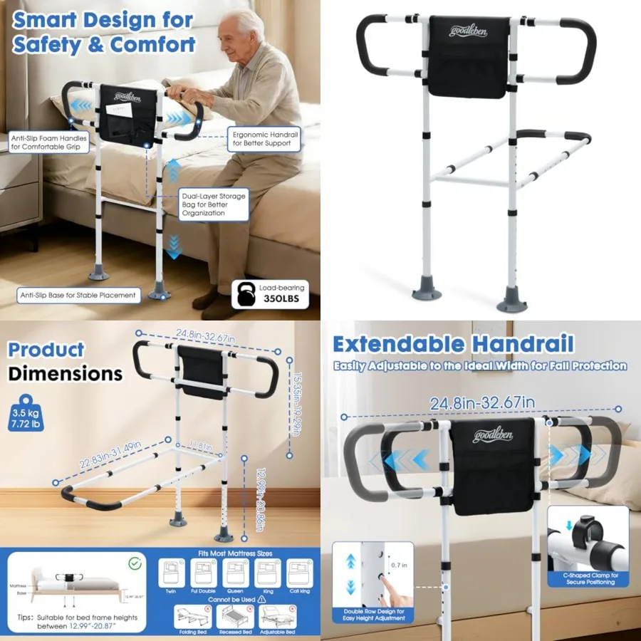 

Bed Rails for Elderly Adults Safety, Bed Assist Rails for Seniors with Non-Slip Ergonomic Handle, Floor Support and Storage Poc