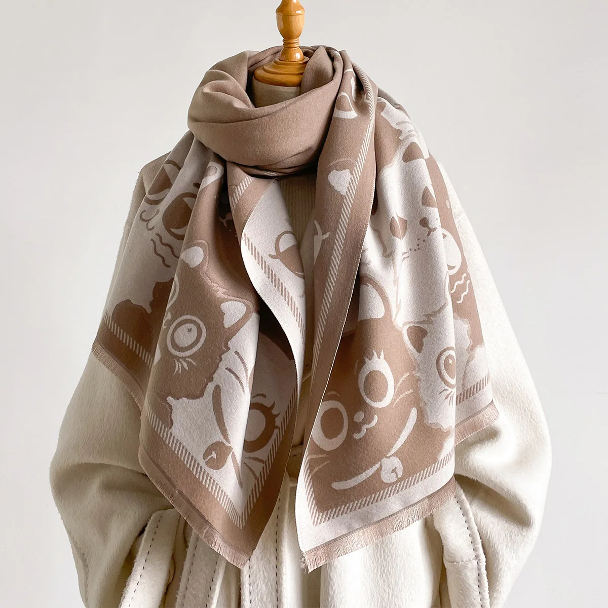 Ladies Soft Faux Cashmere Blanket Scarf Sweet Cartoon Kitten Print Double Sided Fringe Oversized Warm Stylish Daily Outfit Shawl