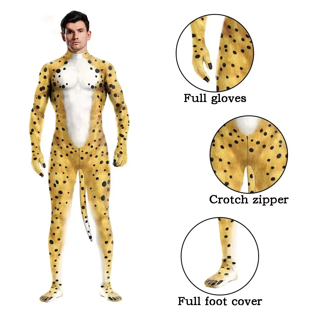 Halloween Yellow Leopard Pattern Animal Cosplay Costume Bodysuit with Tail Back Zipper Carnival Party Full Coverage Exposed Head