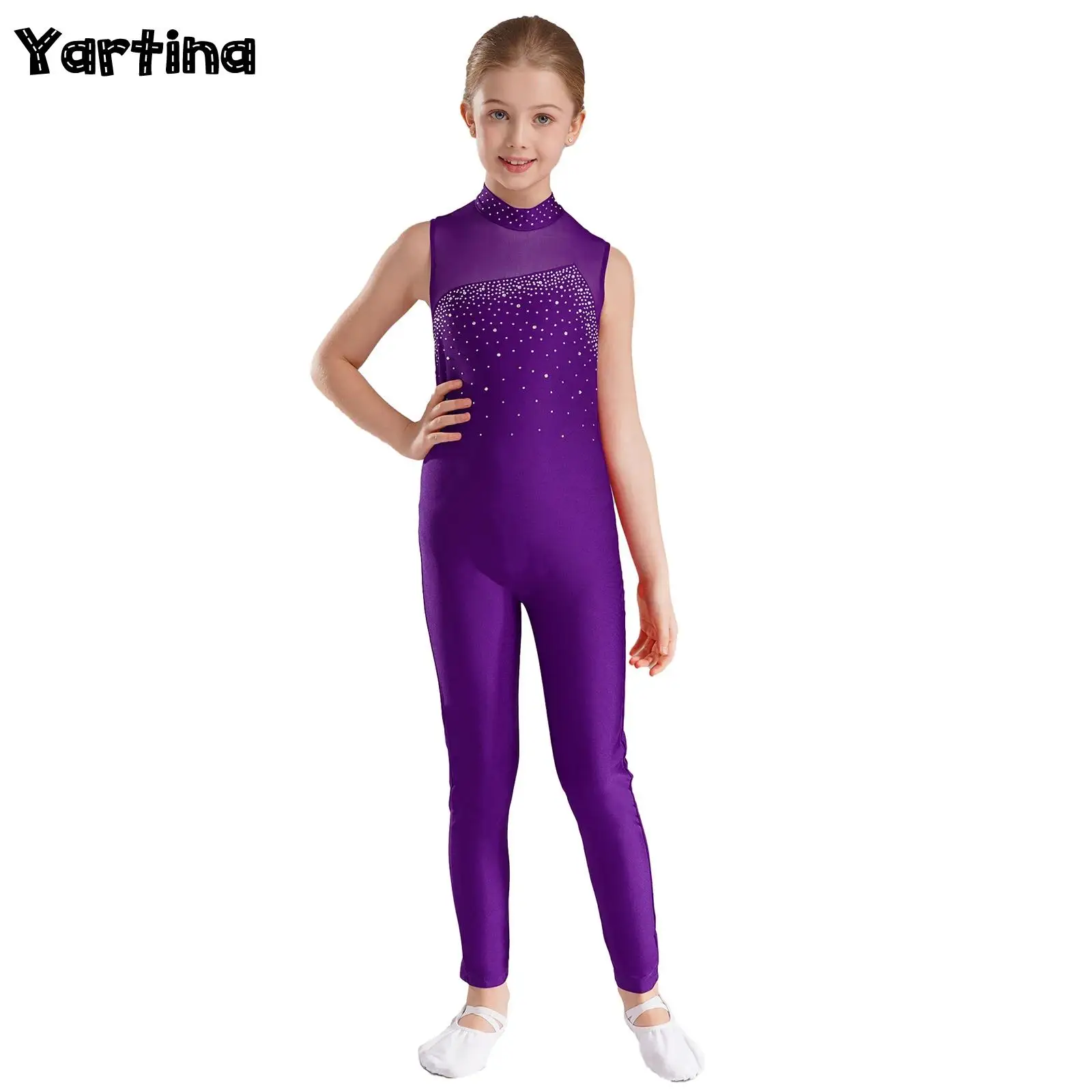 

Kids Girls Shiny Rhinestone Unitards Jumpsuit Rhythm Gymnastics Artistic Skating Ballet Dance Costume Tight Fitting Overalls