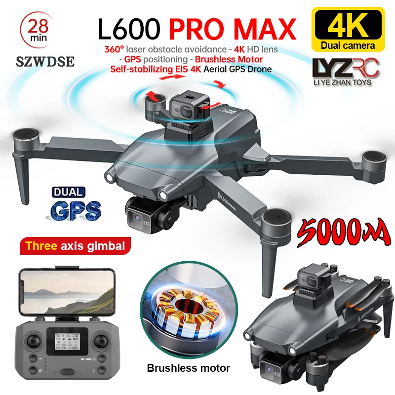 L600 PRO MAX GPS Drone Professional 4K 3-Axis PTZ HD Dual Camera Obstacle Avoidance Brushless Motor 5G WIFI RC Quadcopter Toys