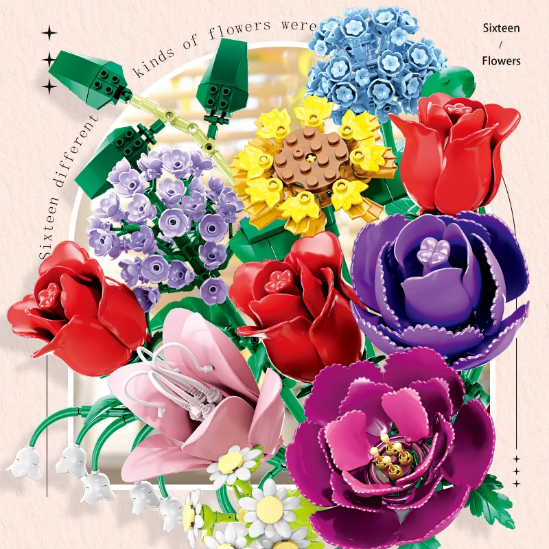 Factory 13 Style Flower Bouquet Building Blocks Set Without Vase