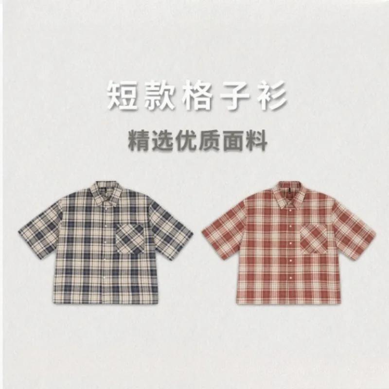 Vintage Plaid Shirts Mans 2025 Spring Summer Baggy Short Sleeve Shirts for Men Korean Fashion Clothes Teenagers