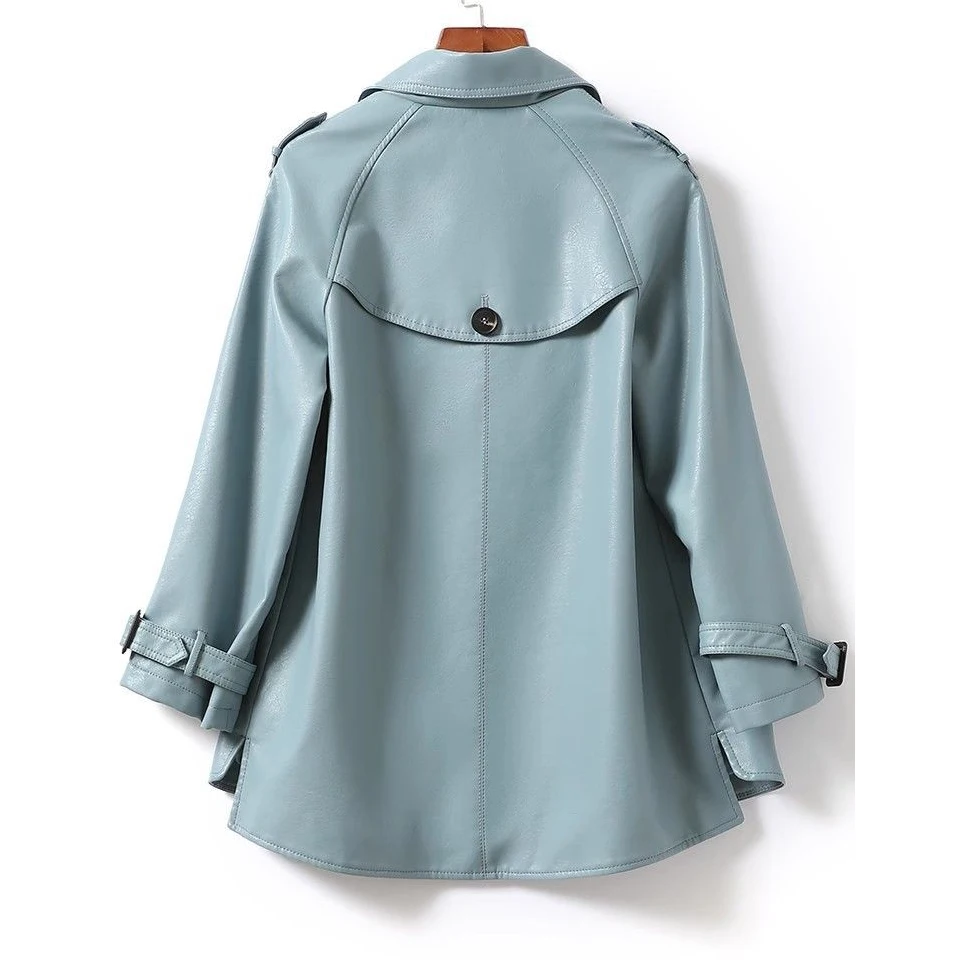 Lapel Double Breasted Faux Leather Trench Coat Women Mid Length Sleeve Belt Cuff PU Jacket Casual Loose Windproof Outerwear
