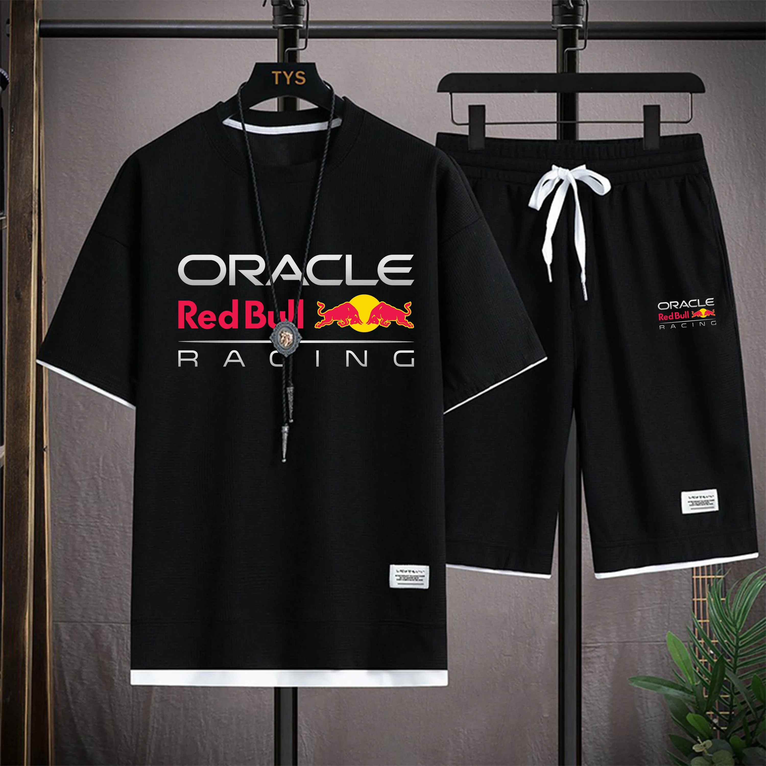 

Red Bull Racing 2025 New Men's Summer Waffle Short Sleeve+Shorts 2-piece Fashion Street Set Sports Jogging Set M-3XLSize