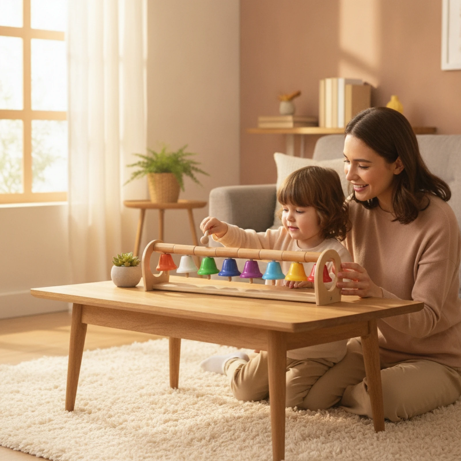 Wooden Percussion Toy Colorful Toy with Metal Bells Bell Percussion Instrument Solid Natural Wood Bells Early Learning