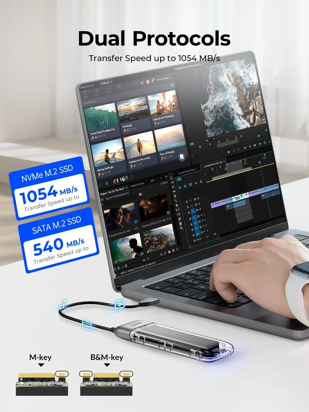 ORICO Transparent M.2 SSD Case NVME SATA SSD Enclosure Zinc Alloy Tool Free 10Gbps M.2 to USB Type C External Adapter Portable