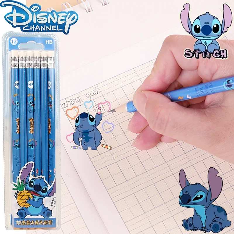 

12Pcs Disney Stitch Pencils Round Rod Cute Students Cartoon Girls Boys School Pens Office School Supplies Educational Pencils