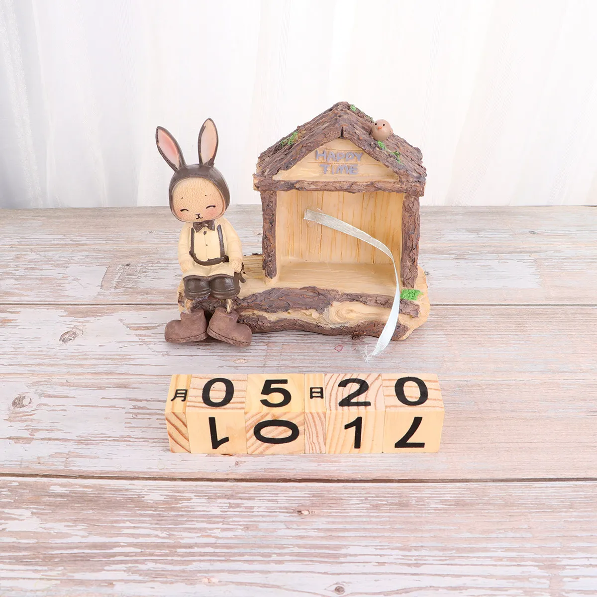 Rabbit Wooden Perpetual Calendar Style Desktop Block Reusable Date Display for Office Desk Bookshelf Home Decor
