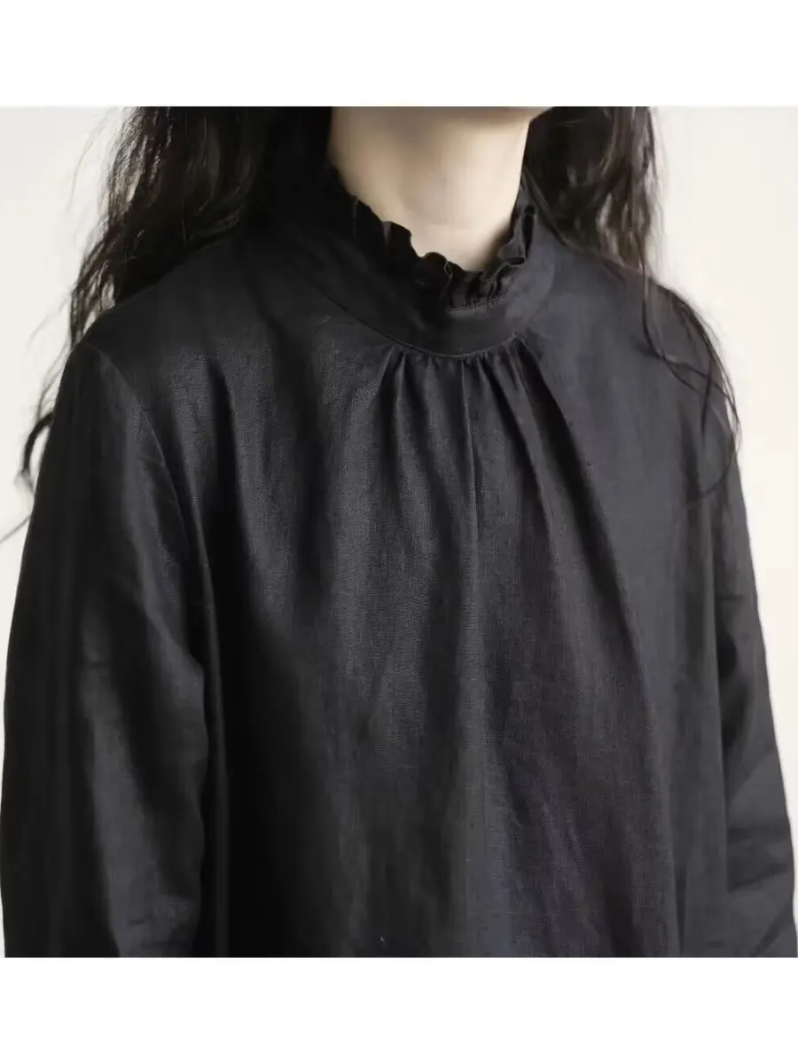 เดรสผ้าลินินแขนยาว คอปกผ้าลูกไ - Casual Loose Linen Shirt Dress บทวิจารณ์และราคา