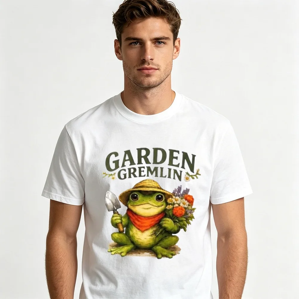 GARDEN GREMLIN Summer Men Cotton Crew Neck Tee Watercolor Frog Flower Trowel Graphic Garden Theme Street Casual Shirts