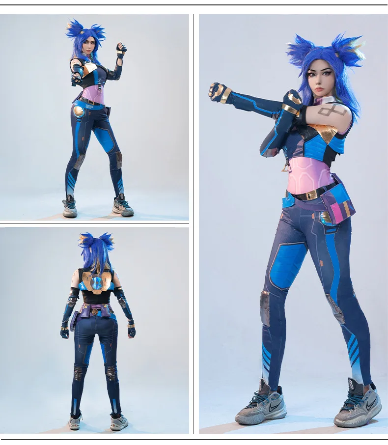 Costume de cosplay néon Valorant pour femme, perruque de cheveux bleus, uniforme de saut, tenue de fête d'Halloween, jeu de carnaval imbibé