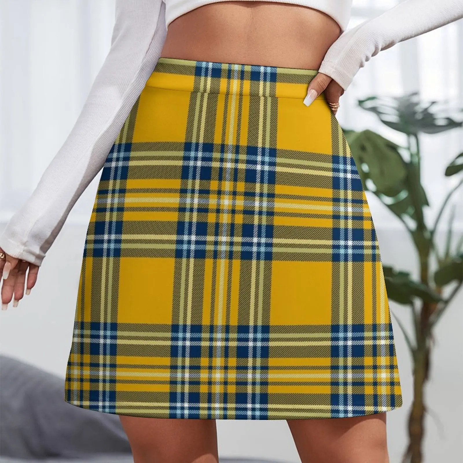 Blue Gold White Tartan (2a) Mini Skirt Woman skirt Women's skirt Mini