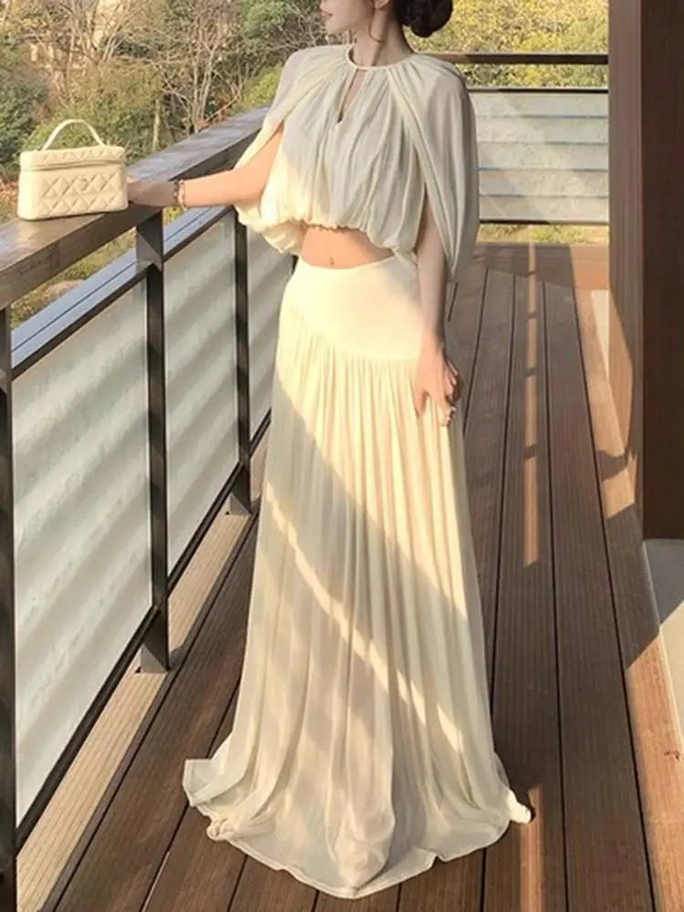 

Elegant Pure Color Spring Autumn Women's Sexy High Waist Slimming Long Dress Short Top Two Piece Set Casual Versatile Style