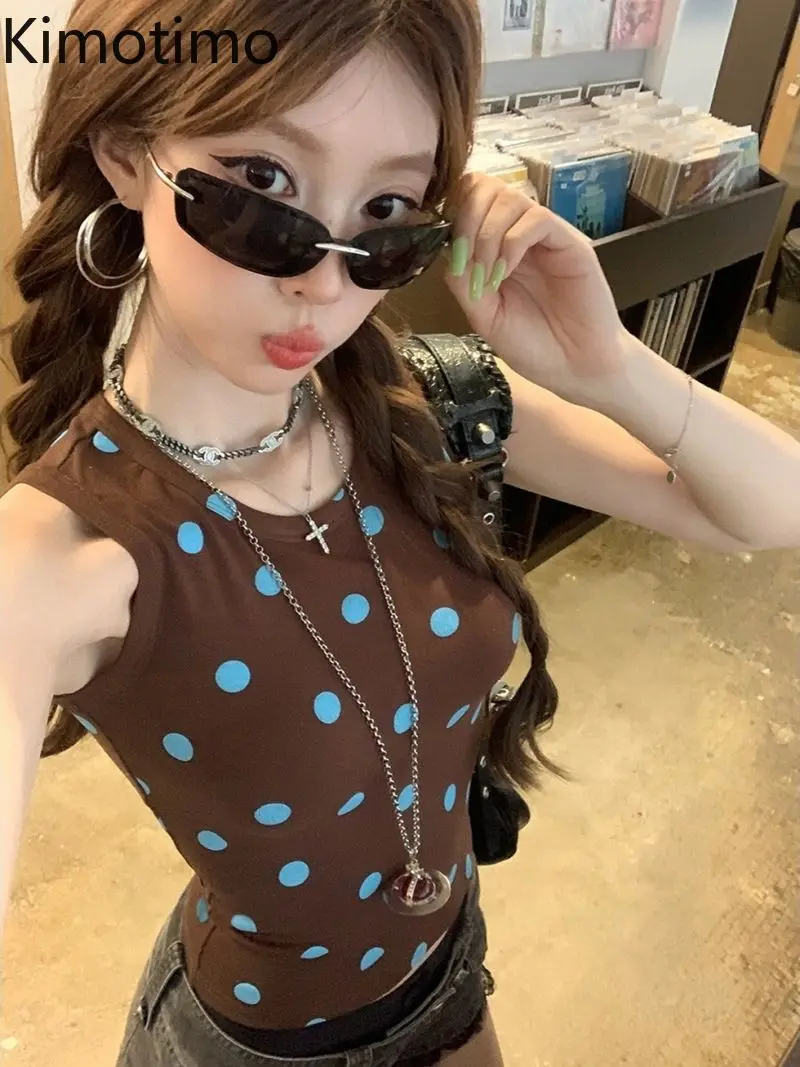 Kimotimo Polka Dot Print Vest Women American Retro Spicy Girl Slim Sleeveless Base Tops Summer Y2k Aesthetic Casual Camis Tanks
