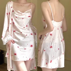 Summer Women Nighty&Robe Nightgown Set Sleepwear Print Flower Bathrobe Gown Nightdress Loose Silk Satin Home Wear Loungewear