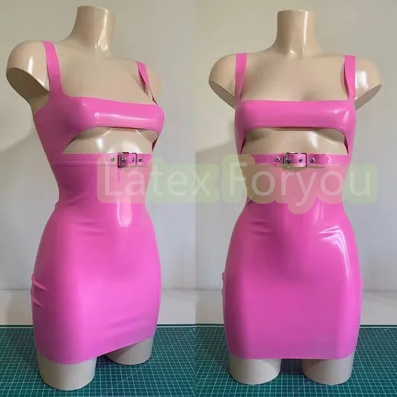 100% Latex Summer Dress Latex  Sleeveless Dresses Open Front with Adjustable Belt Latex DressFor Women Party Wear Plus Size