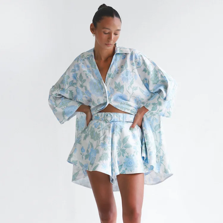 Loungewear Elegant Three Quarter Sleeve Button Streetwear 2 Piece Blue Print Set 2026 Summer Womens High Waisted Shrots Sets