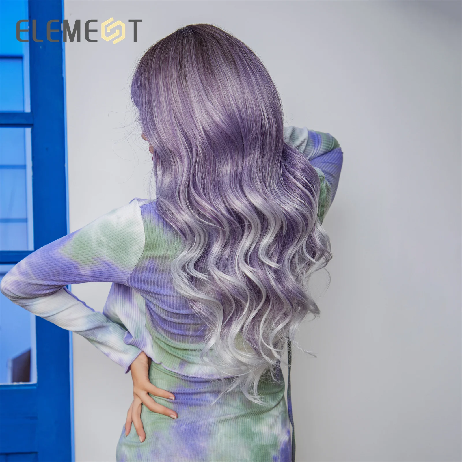 Long Punk Synthetic Wigs Ombre Purple Color Curly Water Wavy Hair Wig with Bangs Cosplay Daily Use Party Heat Resistant
