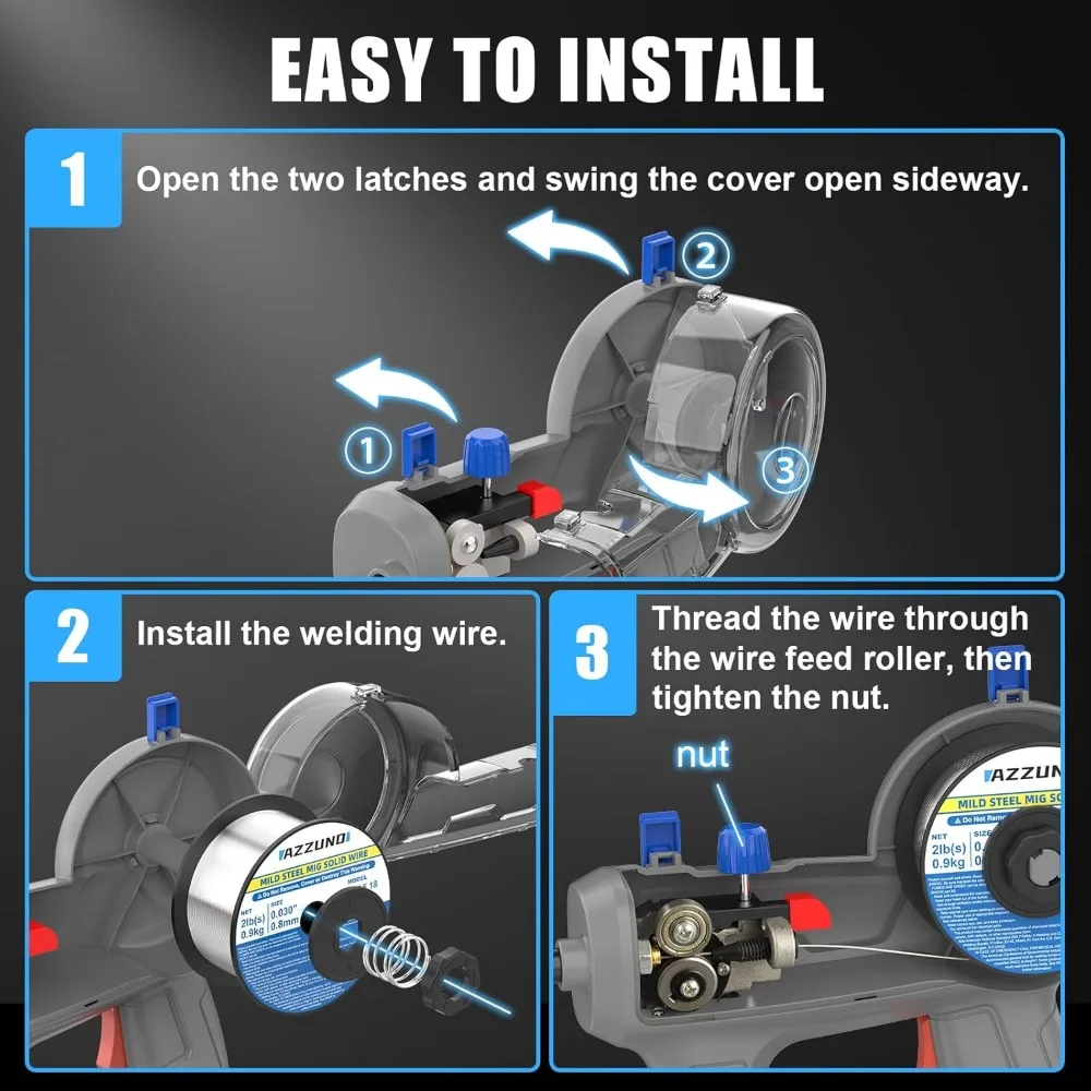 Saldatrice MIG portatile AZZUNO 100Amp, saldatrice MIG senza gas, saldatrice MIG a flusso portatile 100V