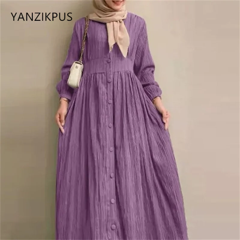 Muslim women's retro long sleeved solid color Arab Islamic robe Spring and Autumn new elegant casual plus size Dubai dress