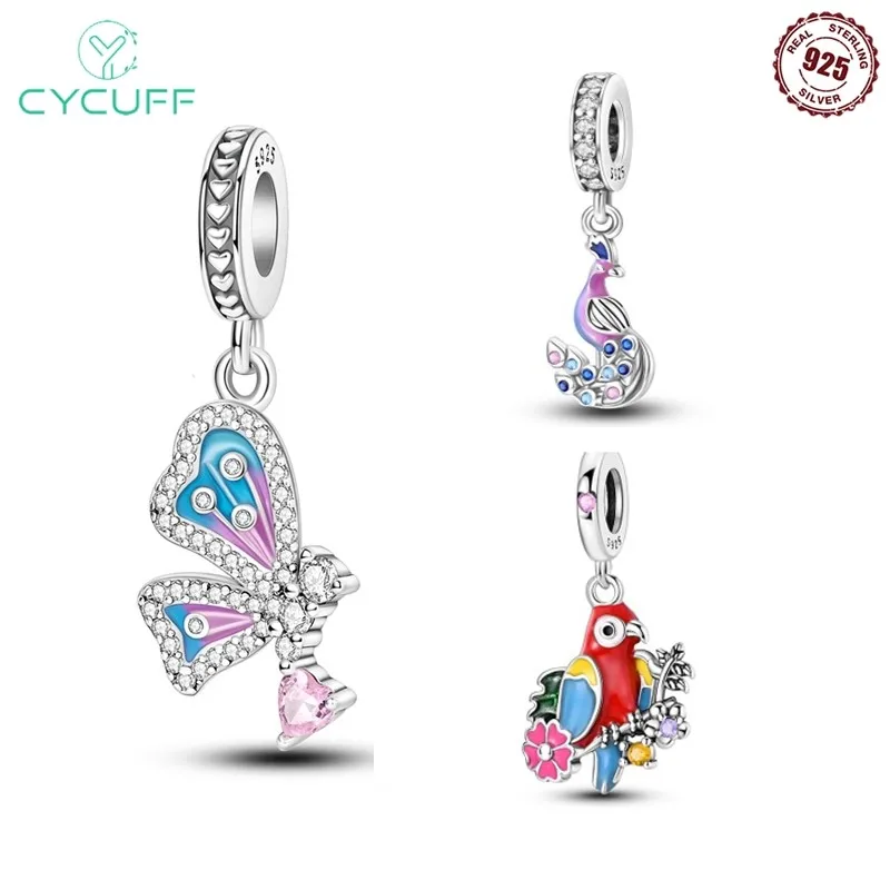 MISEFF 925 Sterling Silver Insect bird Butterfly parrot Peacock Charms Pendant For Original Bracelet Jewelry Evening Party Gifts