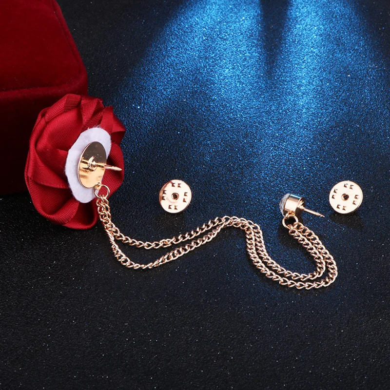 Korean Style Handmade Rose Flower Brooch Pin for Men Wedding Groomsmen Tassel Chain Lapel Accessory Cloth Art Suit Badge