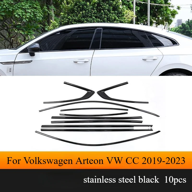 Car Accessories FIT For Volkswagen Arteon VW CC 2019-2023 stainless steel Black Car Window Sill Trim Molding Cover trim 10PCS