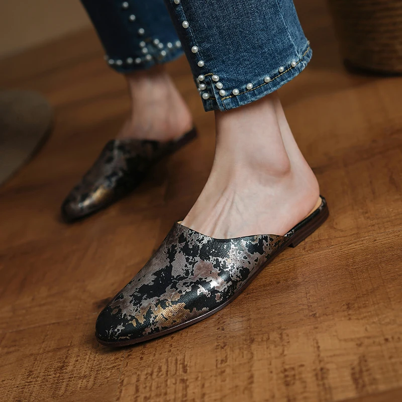 Women Flats Print Sheepskin Mules Spring Slip on Daily Slippers Ladies Cozy Casual Shoes Round Toe Chinese Style Flats