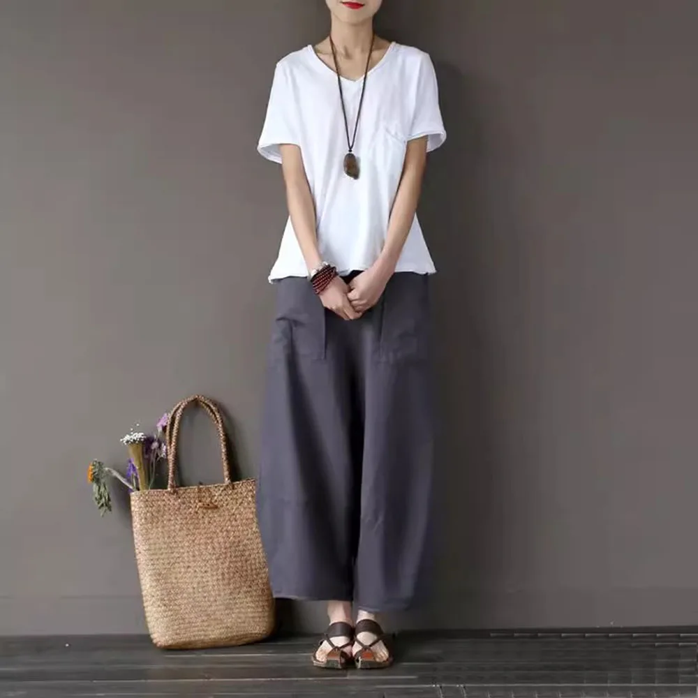 Pantalon de loisirs à jambes larges pour femmes, été, lin, coton, couches d'épissure, taille élastique, ample, rétro, court, Harlen, poches
