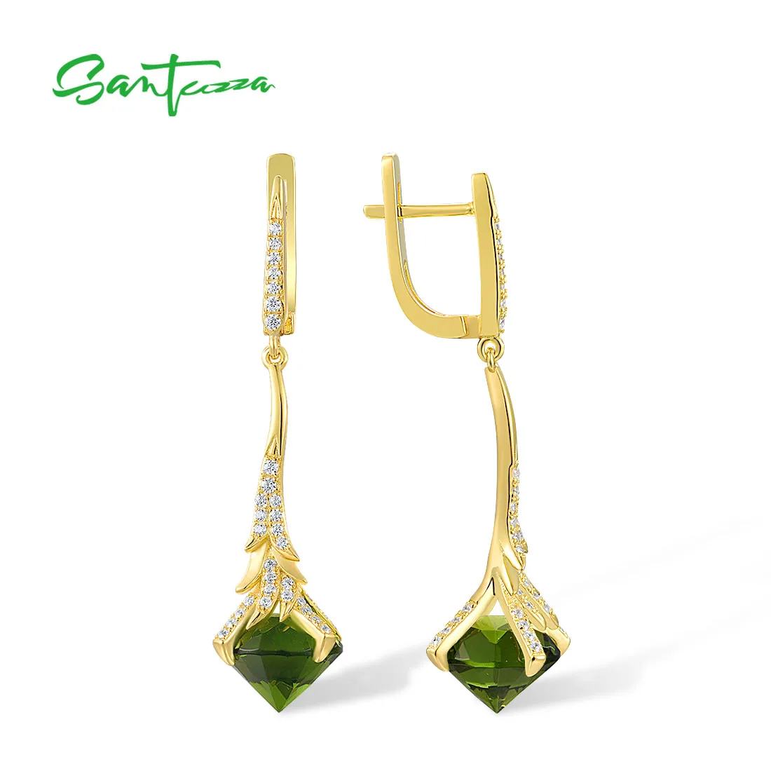 SANTUZZA  Genuine 925 Sterling Silver Earrings For Women Sparkling White Cubic Zirconia Green Glass Yellow Plating Fine Jewelry