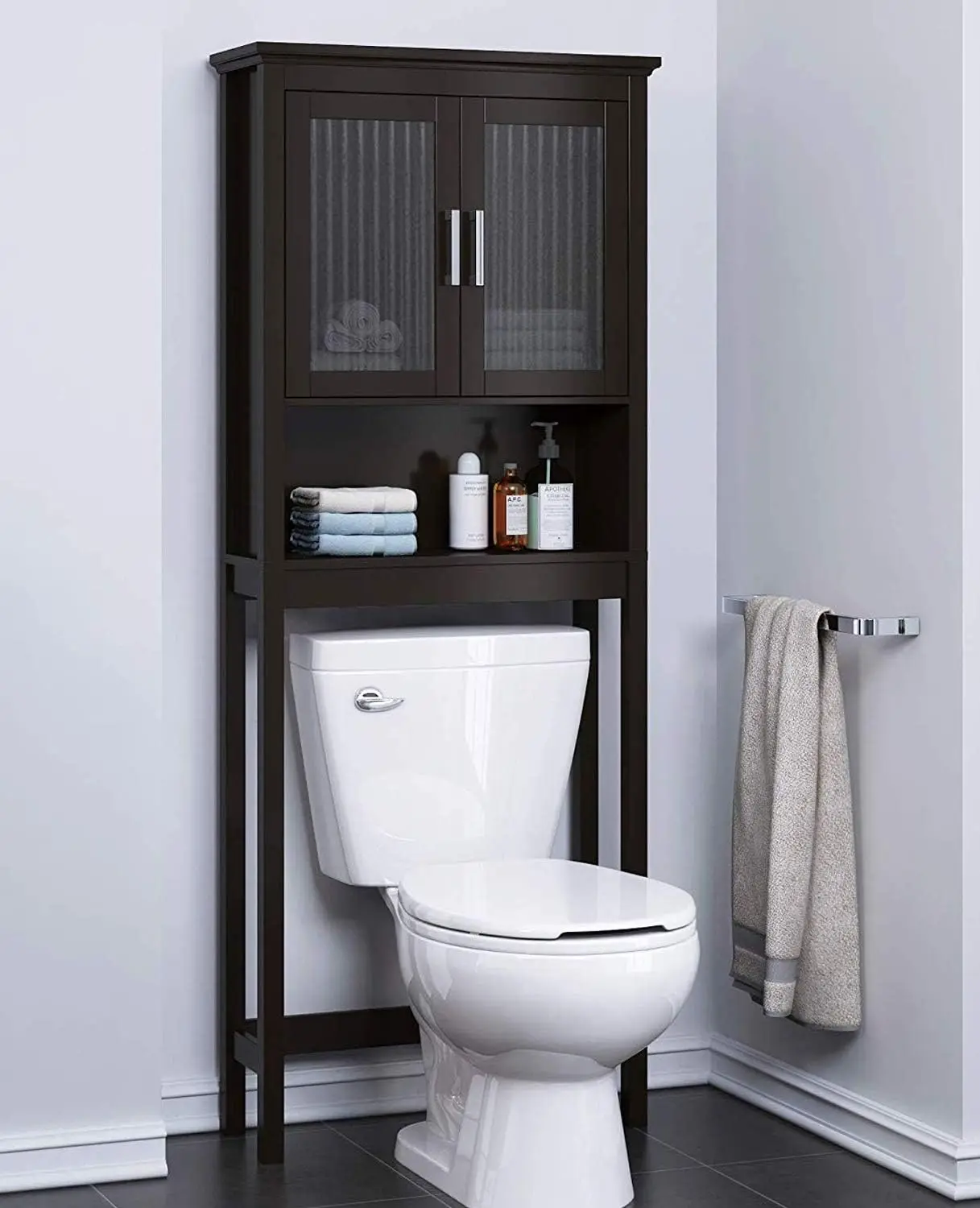 

Over The Toilet Storage Cabinet with Moru Tempered Glass Doors, Bathroom Organizer Above Toilet Storage Cabinet, Espresso